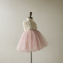 Load image into Gallery viewer, Children's pink tulle skirt with white ruffle straps on a mannequin against a plain background
