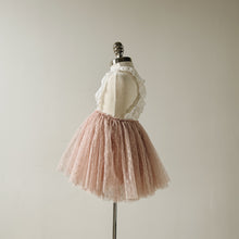 Load image into Gallery viewer, Mannequin wearing a pink tulle skirt with white ruffle straps against a plain background