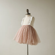 Load image into Gallery viewer, Mannequin wearing a pink tulle skirt with white ruffle straps against a plain background